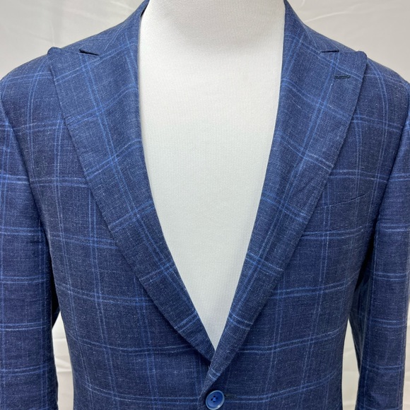 Greiner's Custom Wool/Silk/Linen Blend Blue Windowpane Plaid Blazer Jacket 38S - Picture 7 of 9